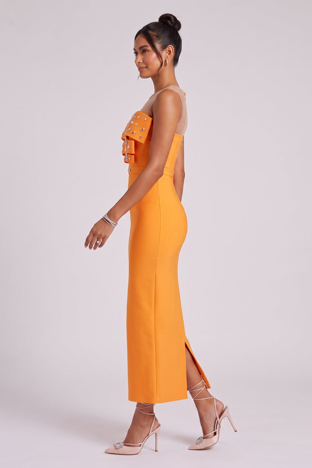 ORANGE RUFFLE MIDI DRESS FOR WEDDING GUEST