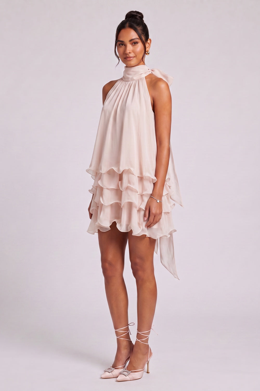 e74e214c7c9bccab PALE PINK HALTER TIERED CHIFFON MINI DRESS