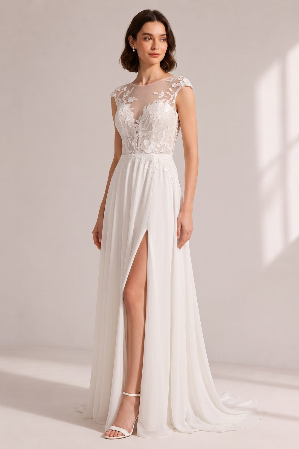 e781a0a083d9fb31 ILLUSION CAP SLEEVE LACE HIGH SLIT CHIFFON WEDDING GOWN