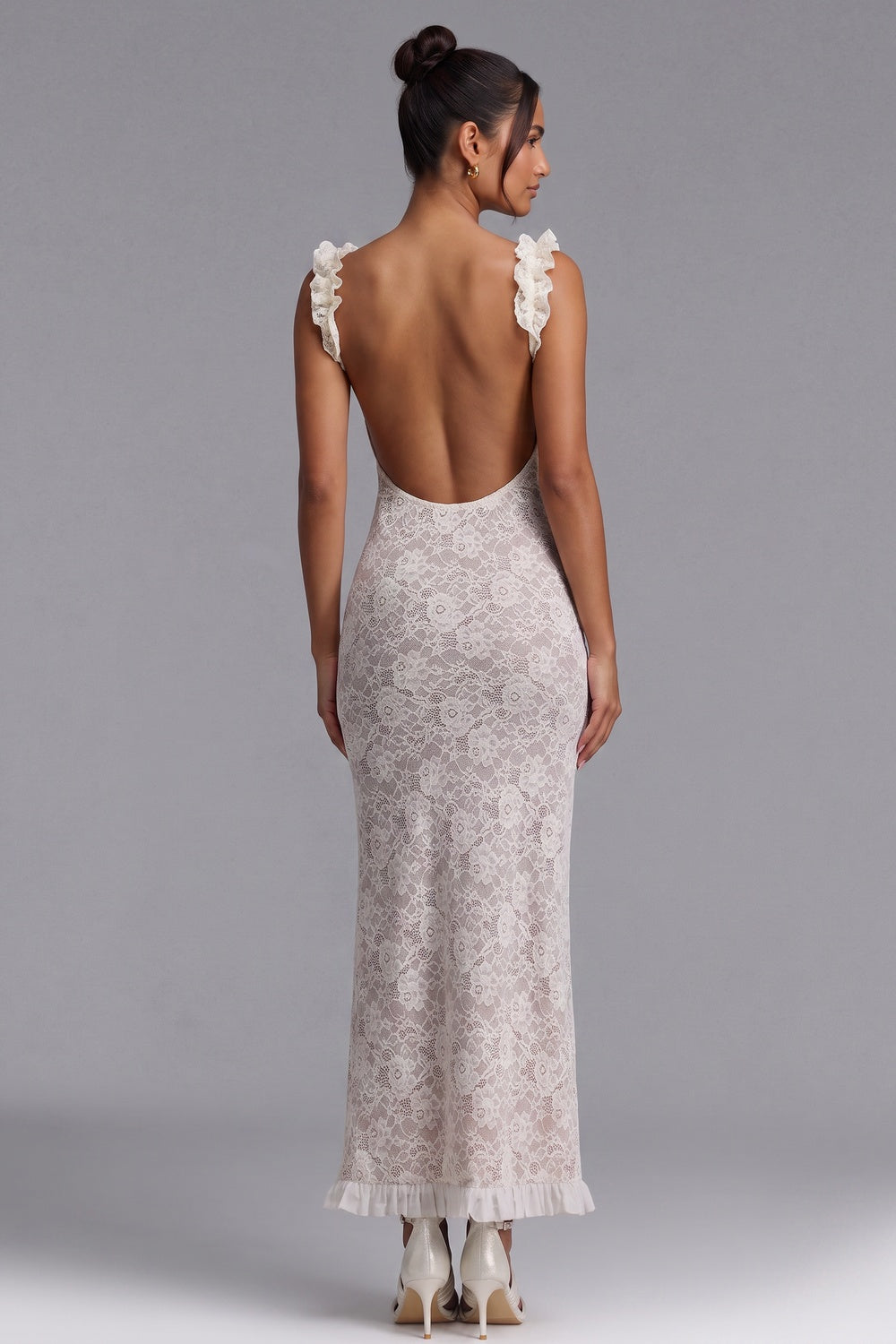 e78ee0ae21e510f8 WHITE LACE MAXI DRESS RUFFLED SQUARE NECKLINE WEDDING GUEST