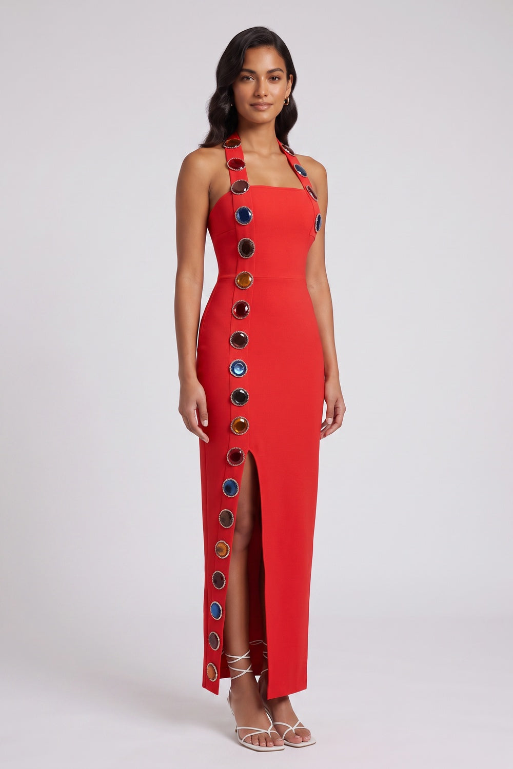RED HEAVY CREPE COLUMN DRESS FOR EVENTS