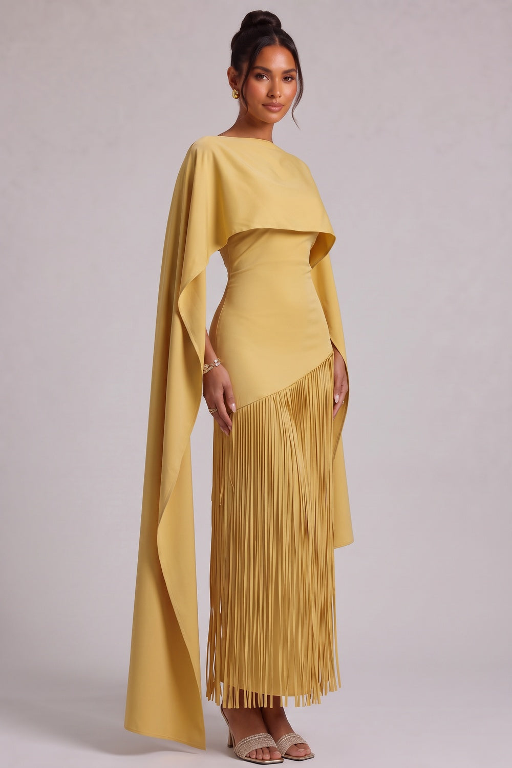 e8861d61637494d5 YELLOW FRINGE CAPE MAXI DRESS FOR EVENTS