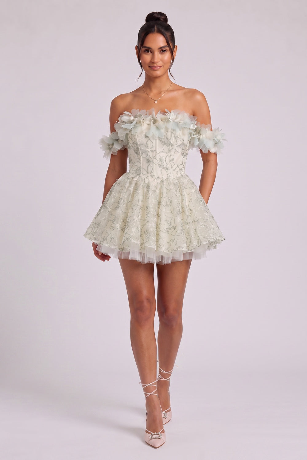 e8a82a6e1d2cd03a PALE SAGE ORGANZA FLORAL EMBROIDERED FIT-FLARE MINI DRESS