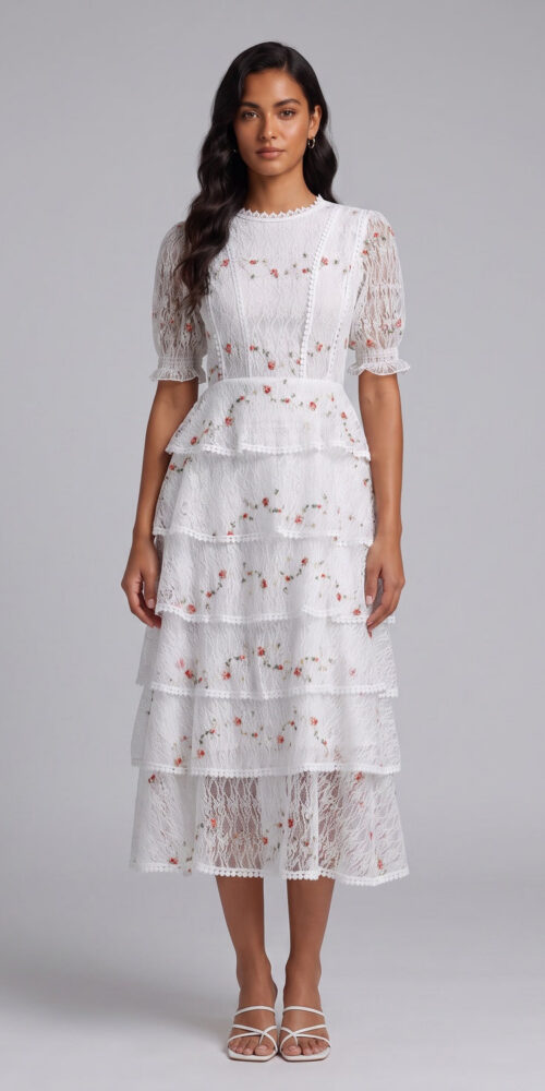 e91a922818f44759 WHITE TIERED FLORAL MIDI DRESS FOR WEDDING GUEST
