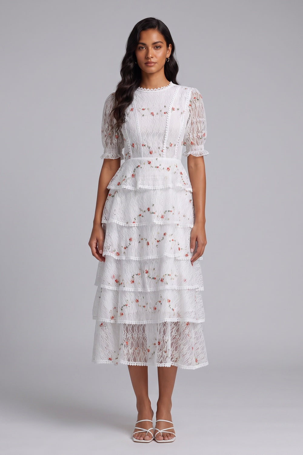 e91a922818f44759 WHITE TIERED FLORAL MIDI DRESS FOR WEDDING GUEST