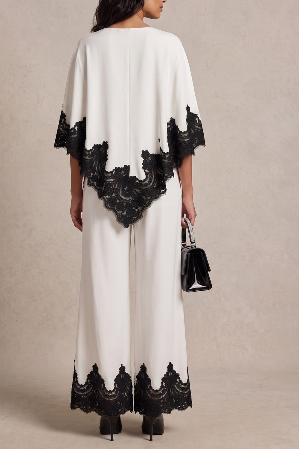 e951d8e19f068202 BLACK LACE TRIM FLARE SLEEVE TOP WIDE LEG PANTS CO-ORD