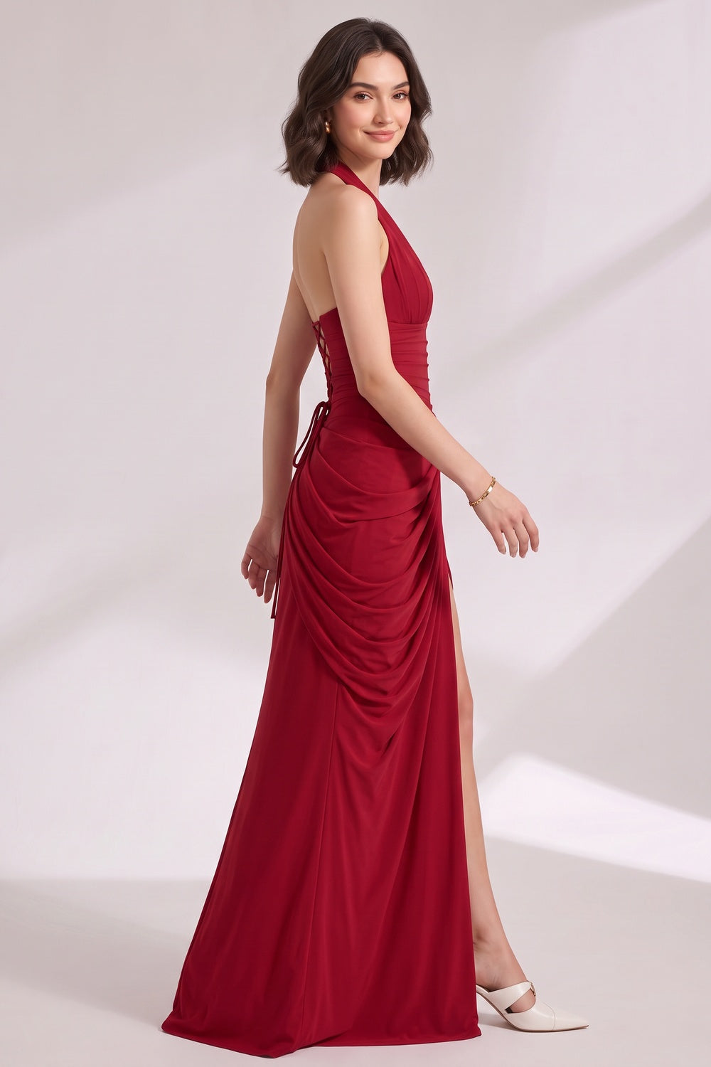 e95377d6c55aedd9 DEEP RED JERSEY COLUMN GOWN, DRAPED OVERLAY