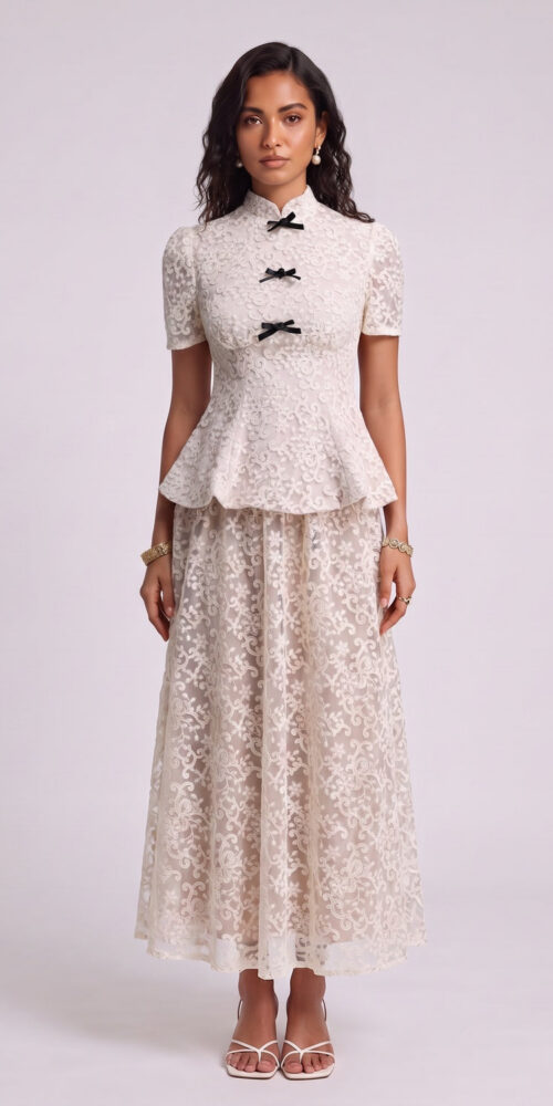 e98ad09045910716 IVORY LACE PEPLUM TOP & A-LINE MAXI SKIRT SET
