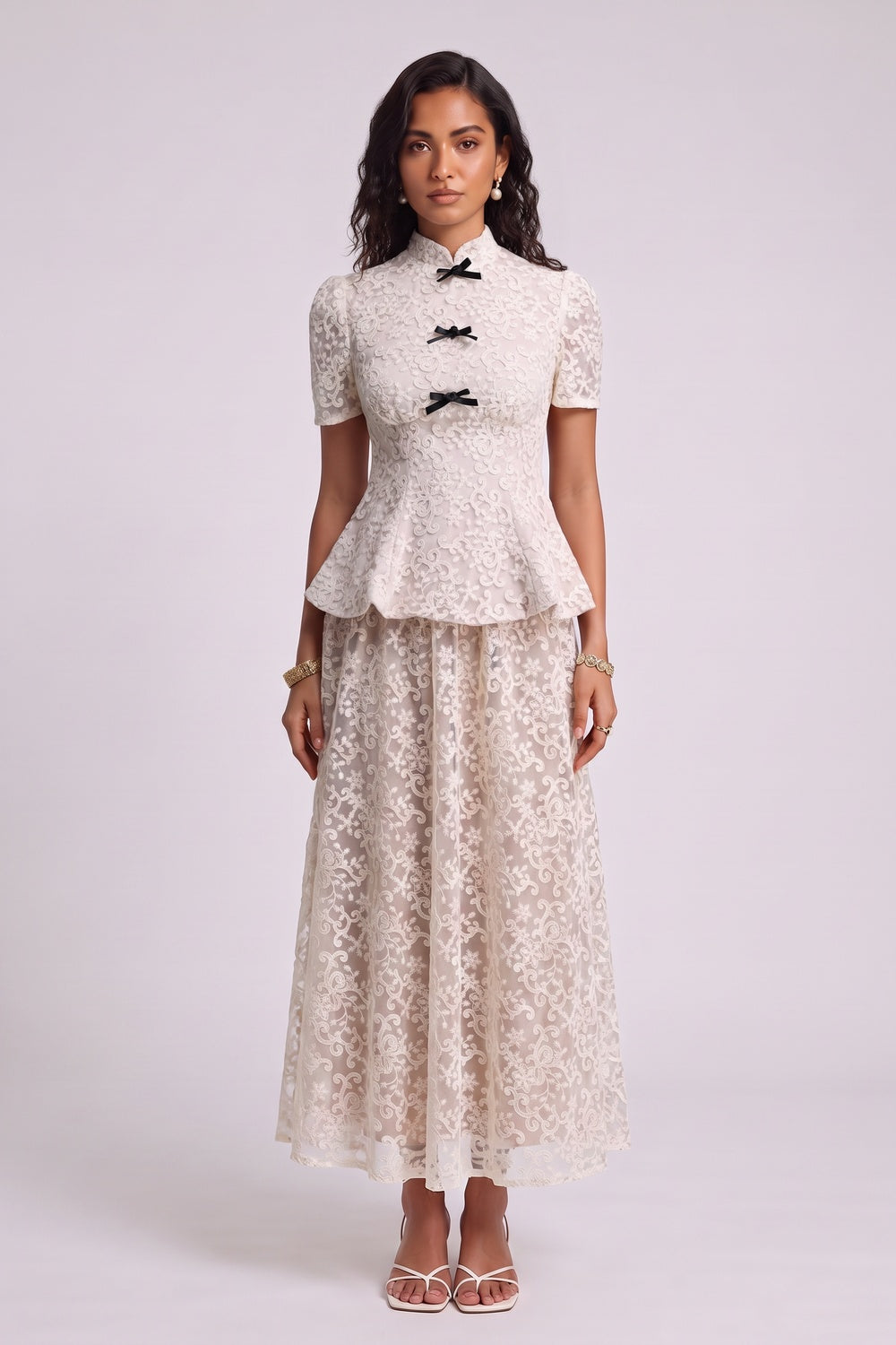 e98ad09045910716 IVORY LACE PEPLUM TOP & A-LINE MAXI SKIRT SET