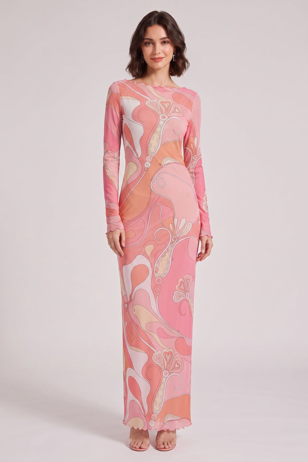 e98c20bc837a36dd PINK ABSTRACT RUFFLE TRIM LONG SLEEVE MAXI DRESS