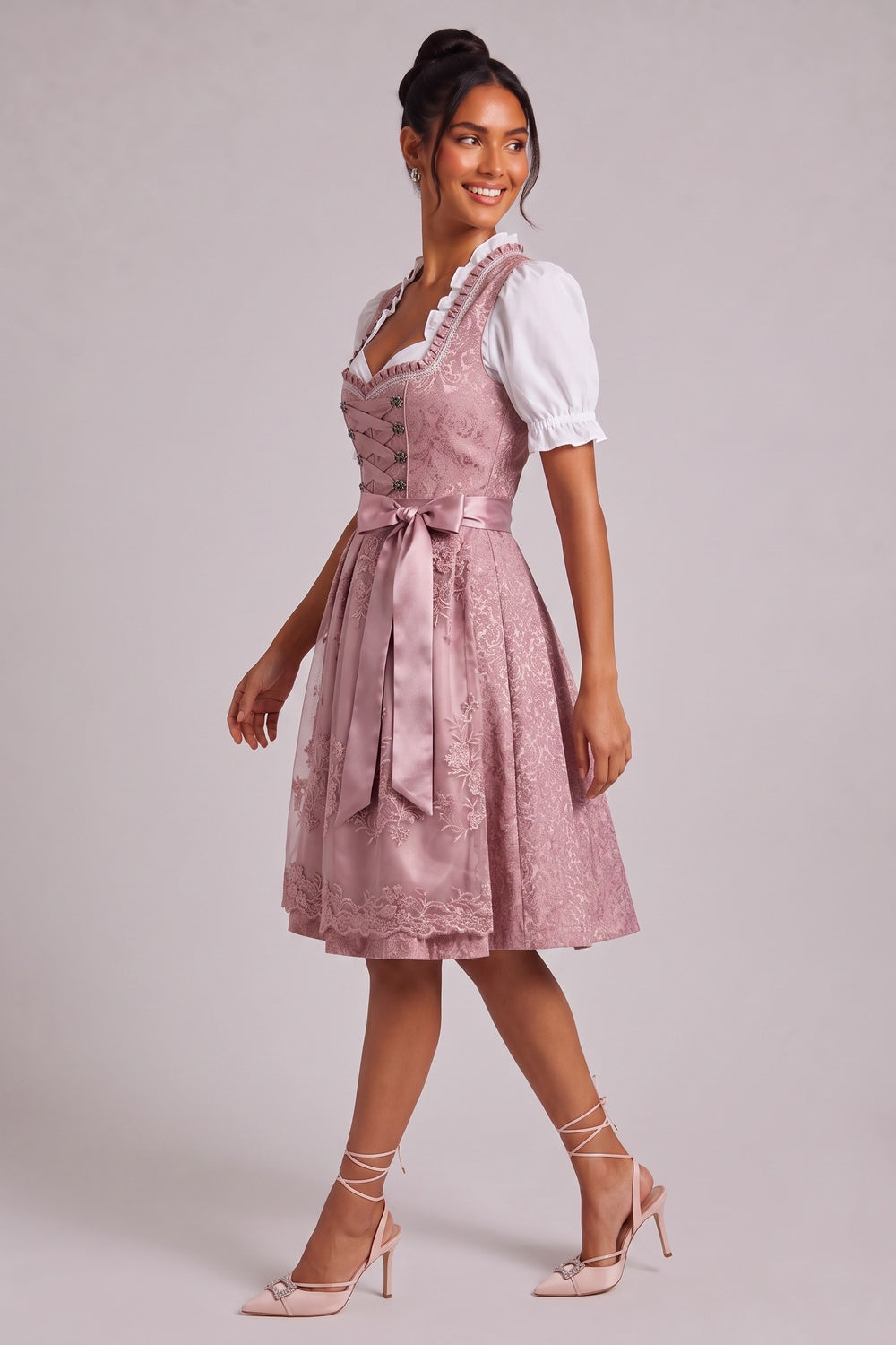 e996b9376ce9e512 DUSTY PINK BROCADE FIT-FLARE DIRNDL SET