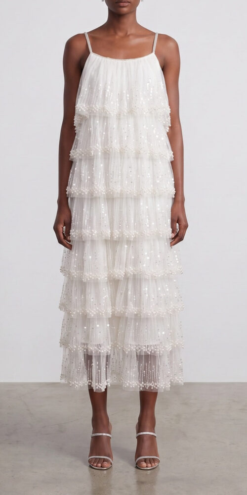 SPARKLE TIERED TULLE MIDI DRESS, SPAGHETTI STRAP COCKTAIL