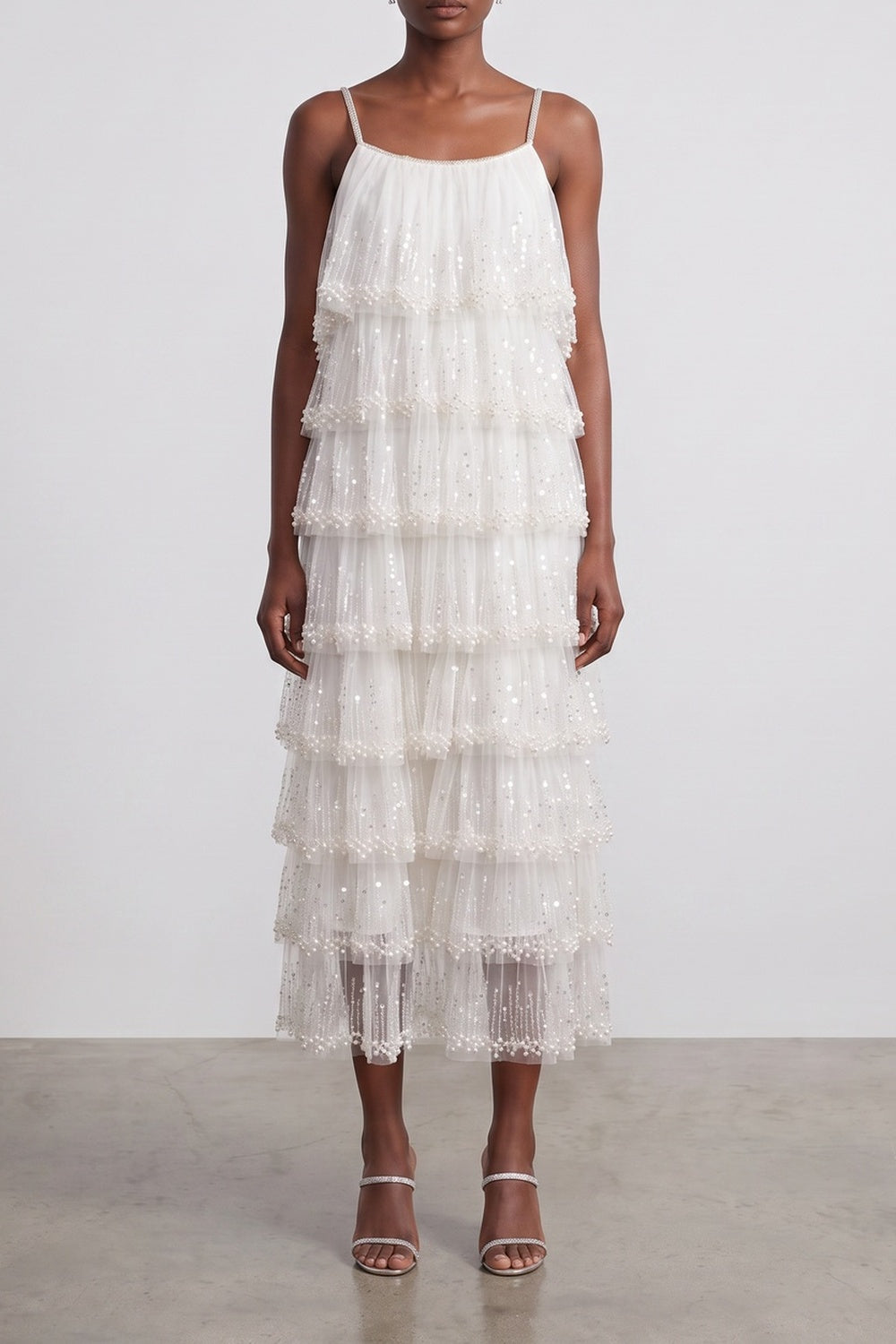 e9c9b221b4357e14 SPARKLE TIERED TULLE MIDI DRESS, SPAGHETTI STRAP COCKTAIL