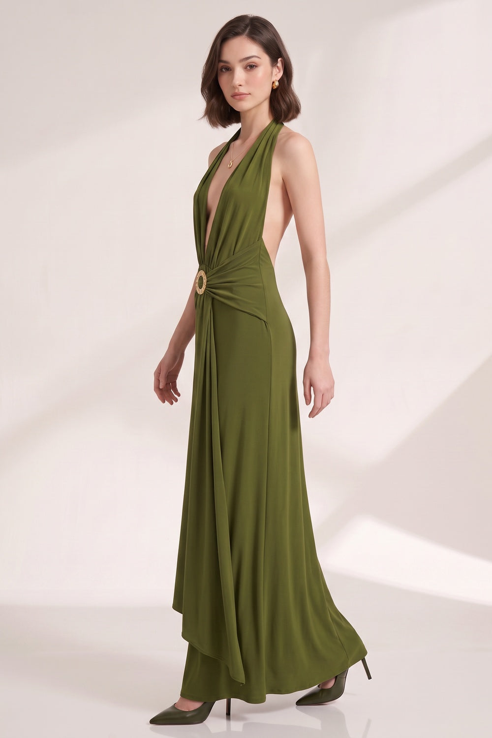 e9e9a21e5cfe185f OLIVE GREEN FLUID COLUMN DRESS FOR EVENING
