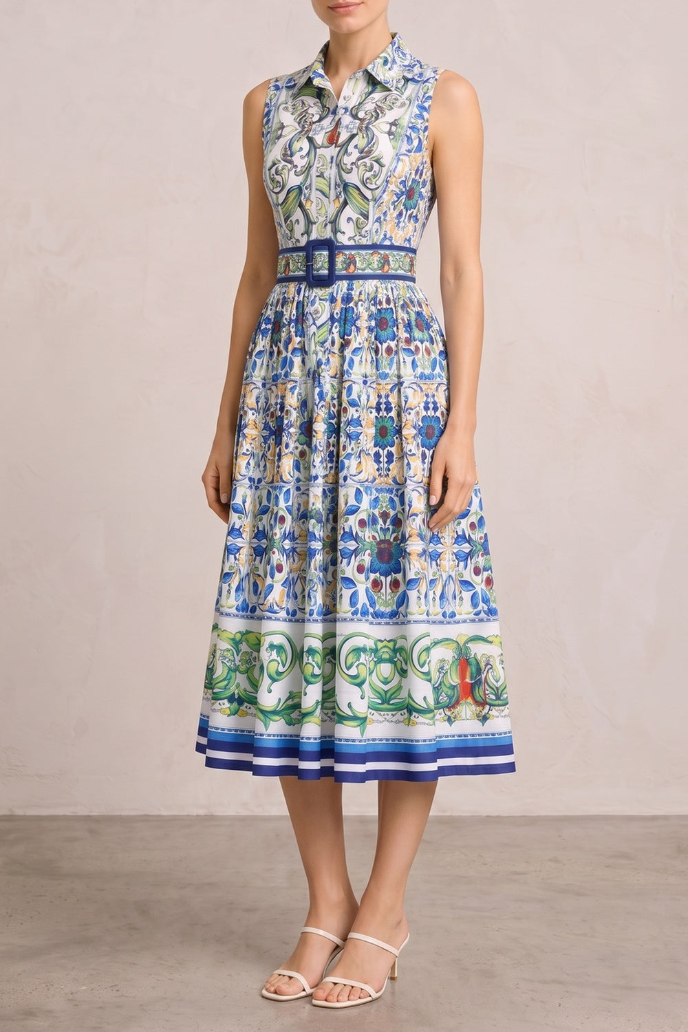 ea41aa3cbc8a78dd SLEEVELESS COLLARED TILE PRINT BELTED A-LINE MIDI DRESS
