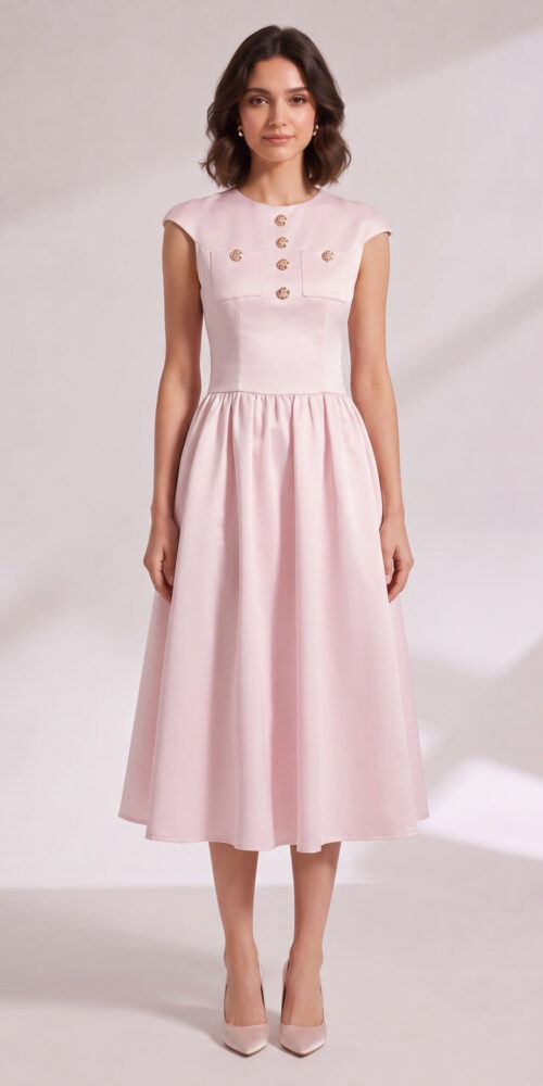 ea9f27d67afaa49e PINK CAP SLEEVE MIDI DRESS WITH BACK ZIP