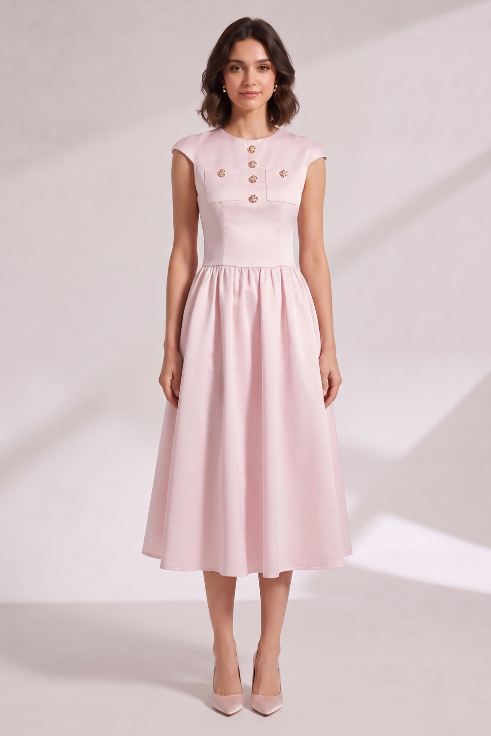 ea9f27d67afaa49e PINK CAP SLEEVE MIDI DRESS WITH BACK ZIP