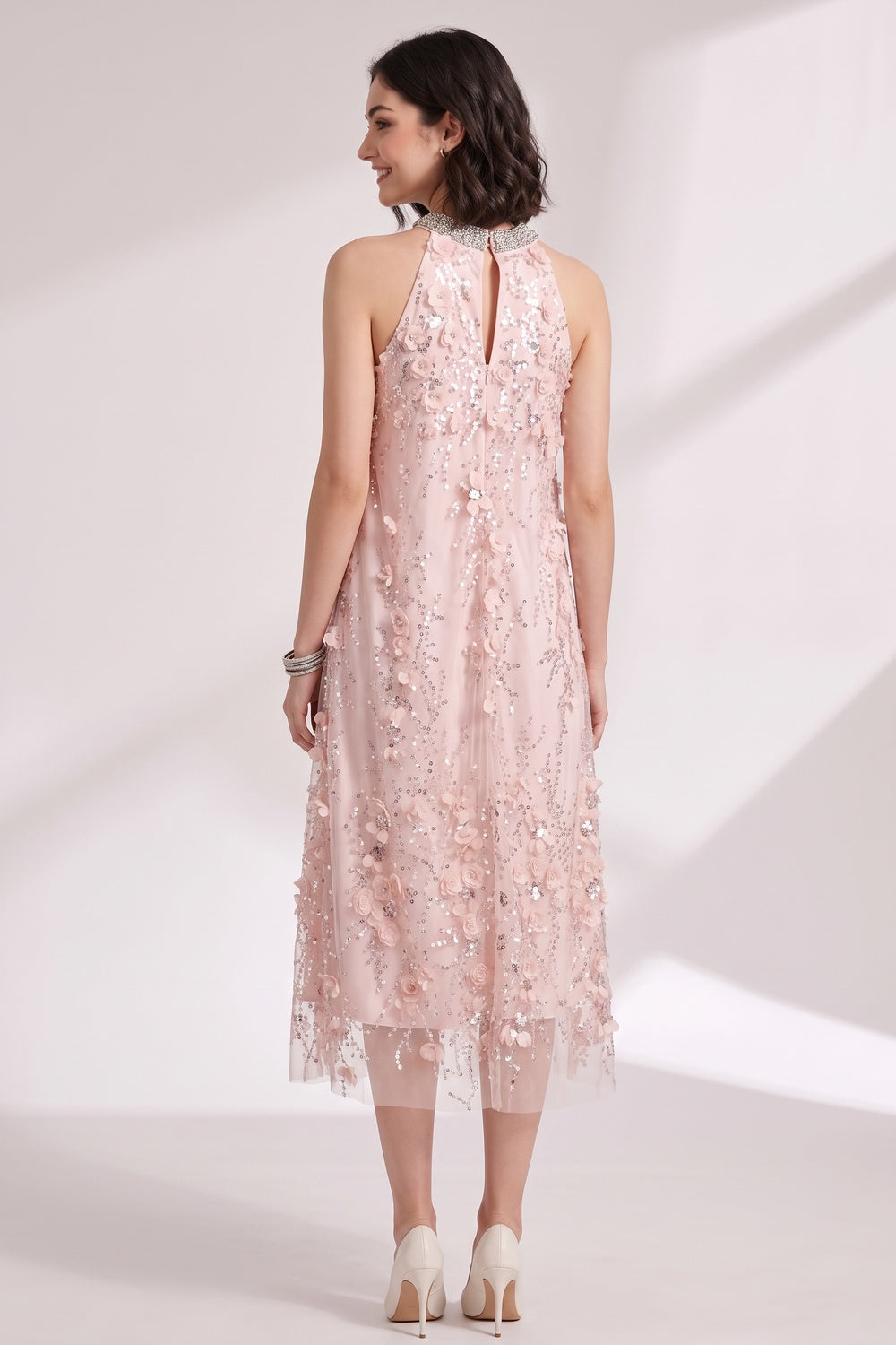 eab7b15dadec5d95 BLUSH PINK TULLE A-LINE SHIFT DRESS FLORAL EMBELLISHMENT