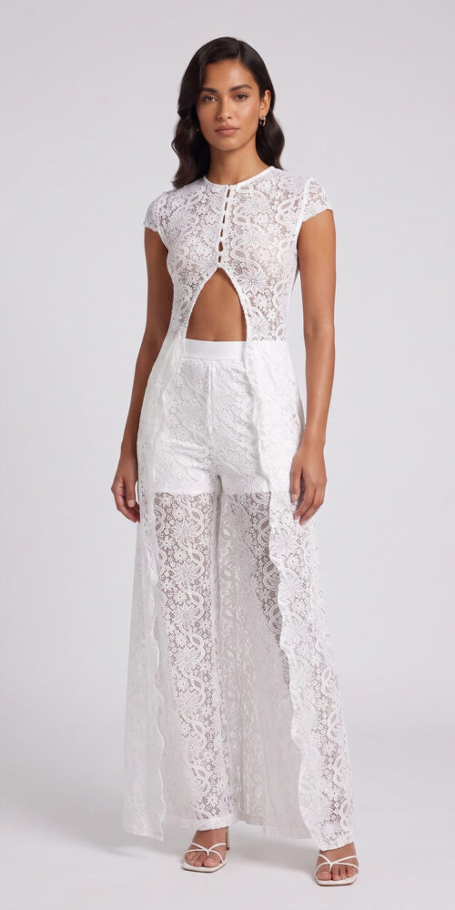 WHITE LACE SLIM-FIT MAXI TUNIC & WIDE-LEG PANTS SET