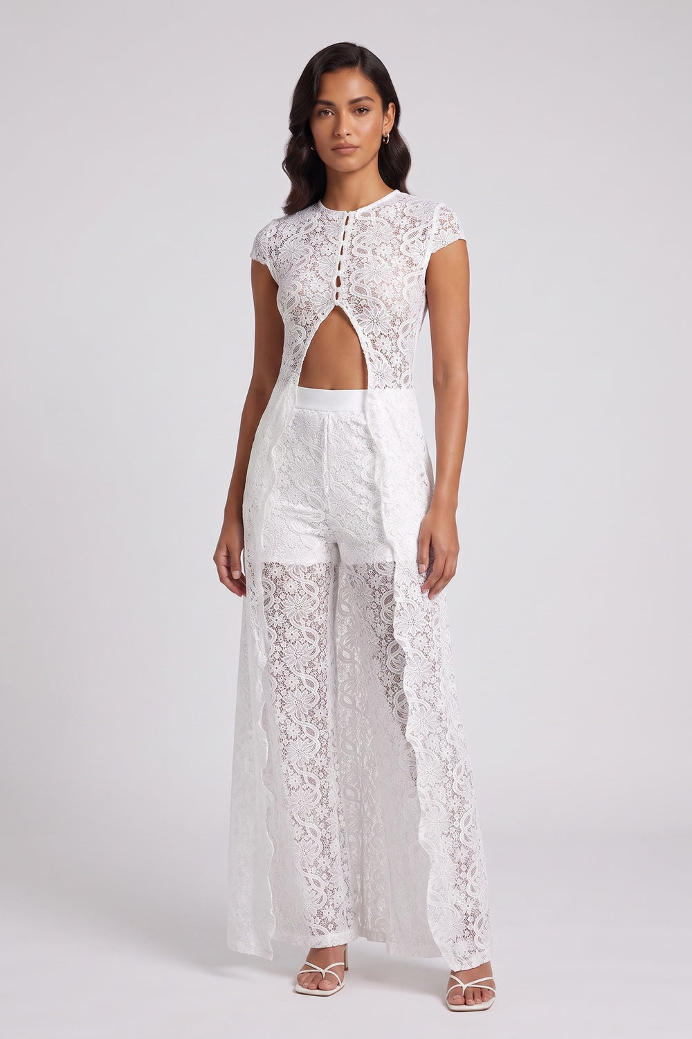 WHITE LACE SLIM-FIT MAXI TUNIC & WIDE-LEG PANTS SET