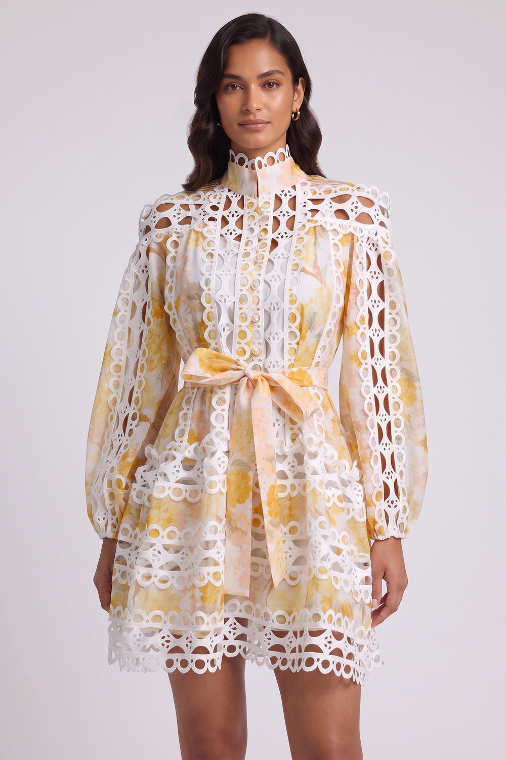 eaf9fe977c286abf WHITE YELLOW FLORAL LACE A-LINE MINI DRESS