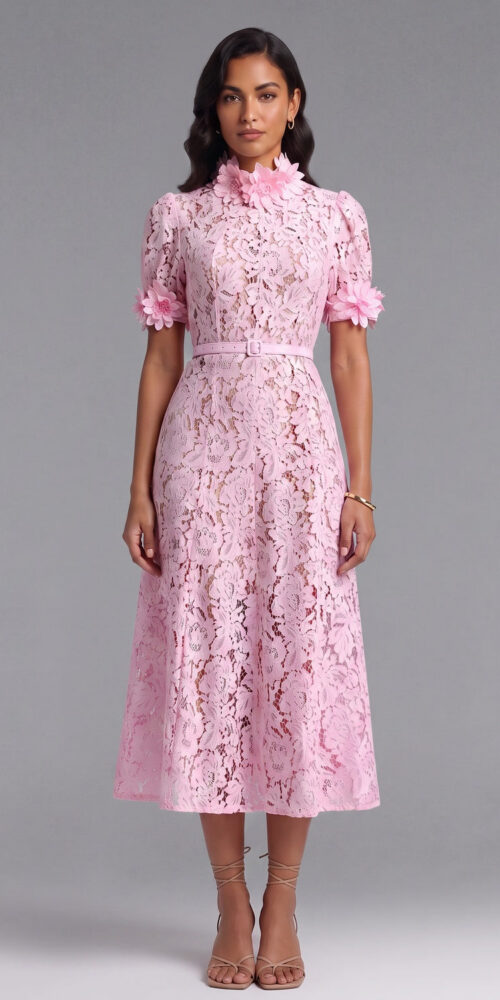 eb580bfe12b8cd5f PINK FLORAL LACE A-LINE MIDI DRESS FOR WEDDING GUEST