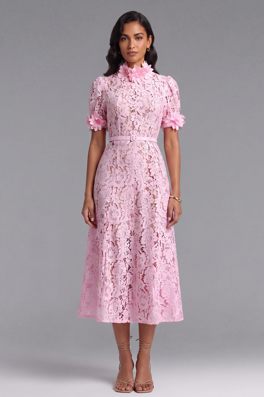 eb580bfe12b8cd5f PINK FLORAL LACE A-LINE MIDI DRESS FOR WEDDING GUEST