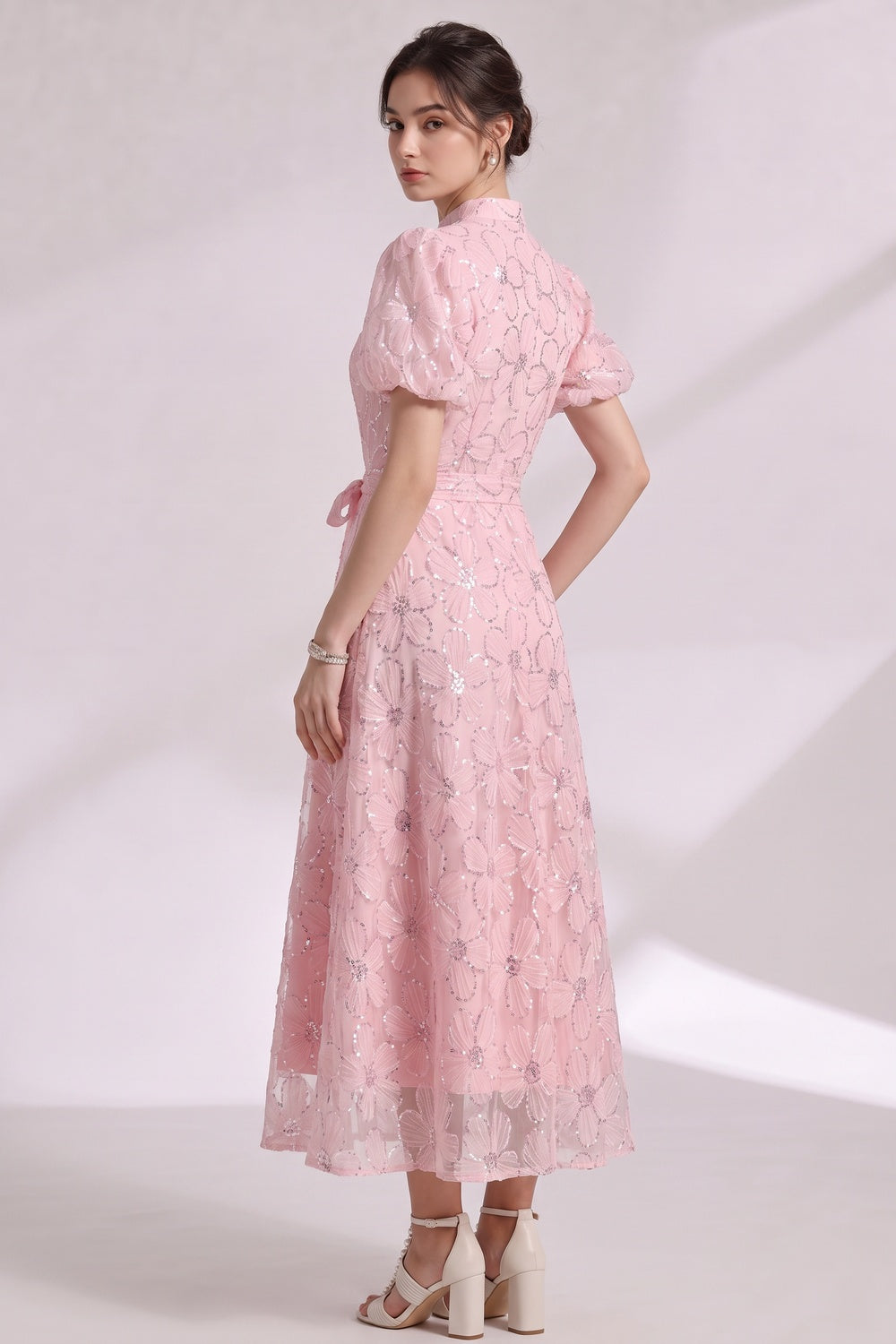 LIGHT PINK SHEER ORGANZA A-LINE MIDI DRESS FLORAL APPLIQUE