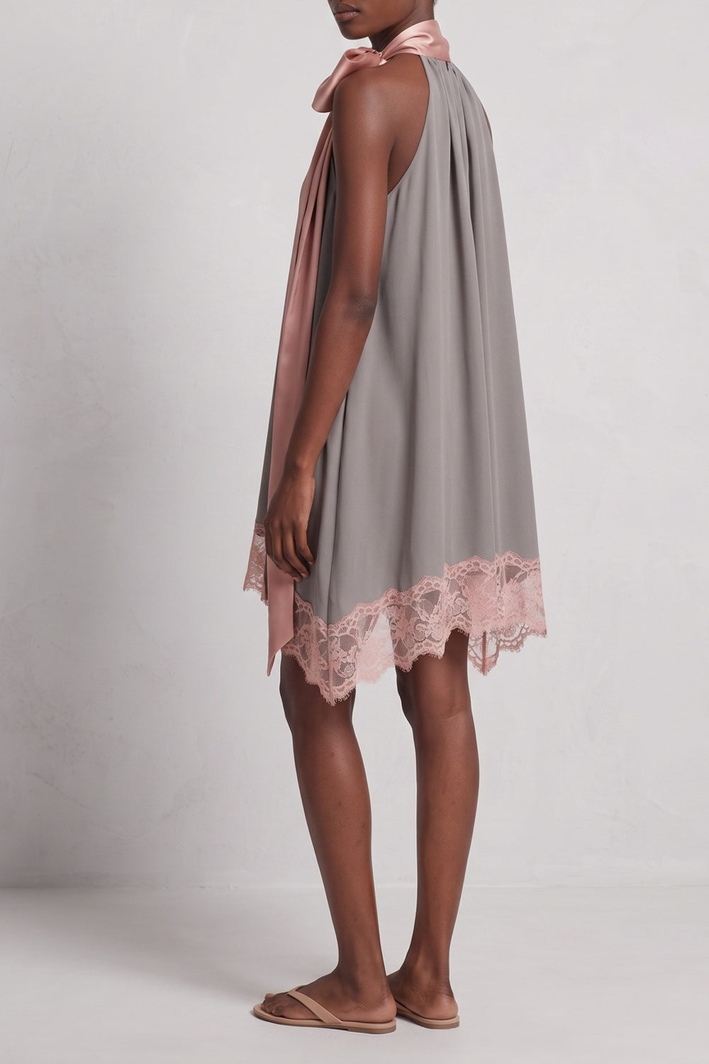 HALTER SATIN BOW LACE HEM SHIFT DRESS