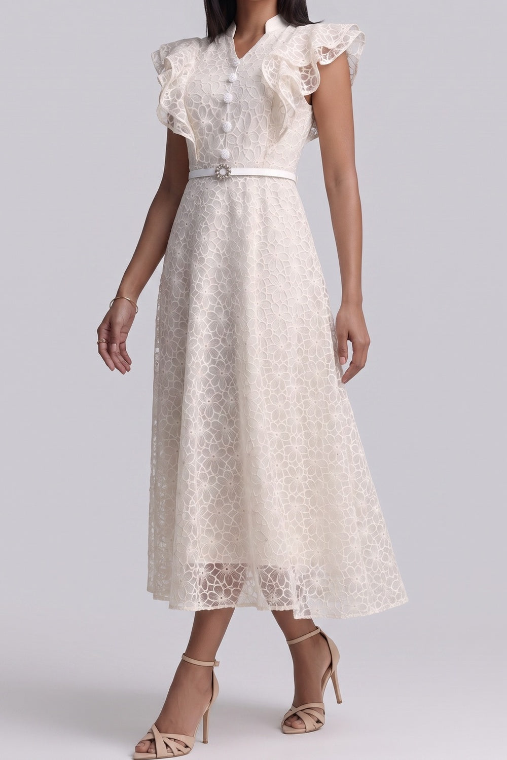 ec5435bdce9c531b MANDARIN COLLAR LACE MIDI DRESS WITH RUFFLE SLEEVE & BELT