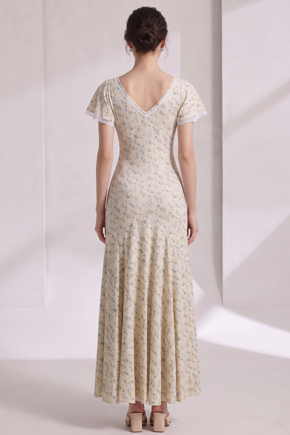 CREAM DITSY FLORAL MAXI DRESS FITTED BODICE FLARED SKIRT