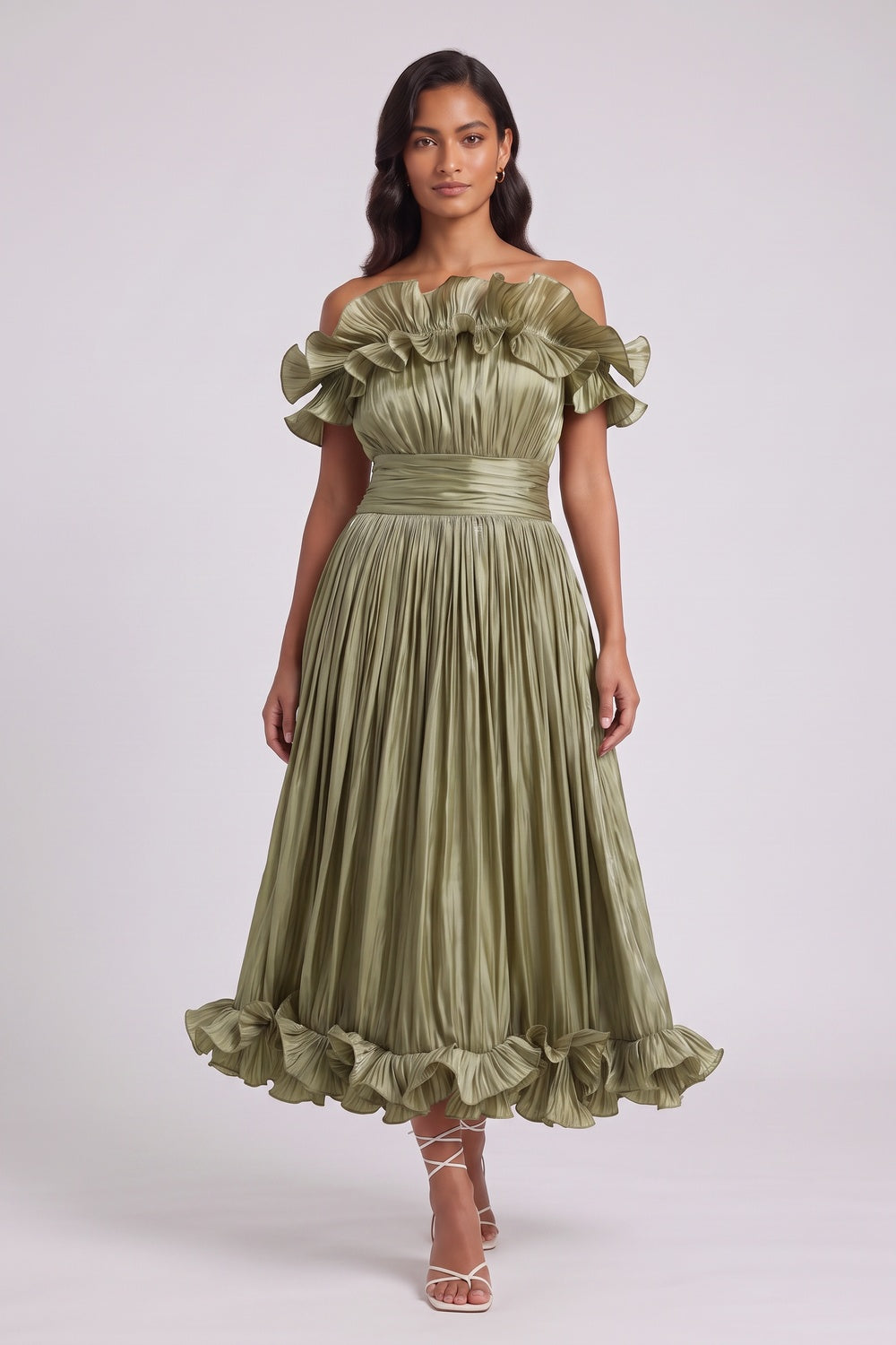 OLIVE GREEN OFF-SHOULDER PLEATED MIDI DRESS, FIT-FLARE