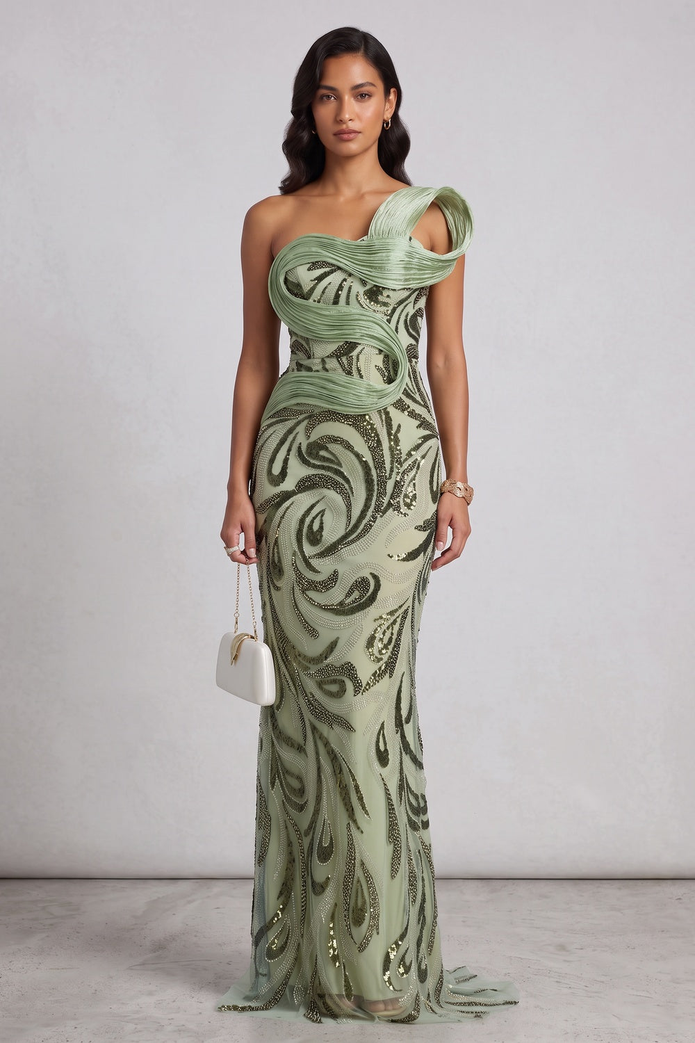 ecab381a92304c97 SAGE GREEN ONE-SHOULDER SEQUIN GOWN FOR EVENING
