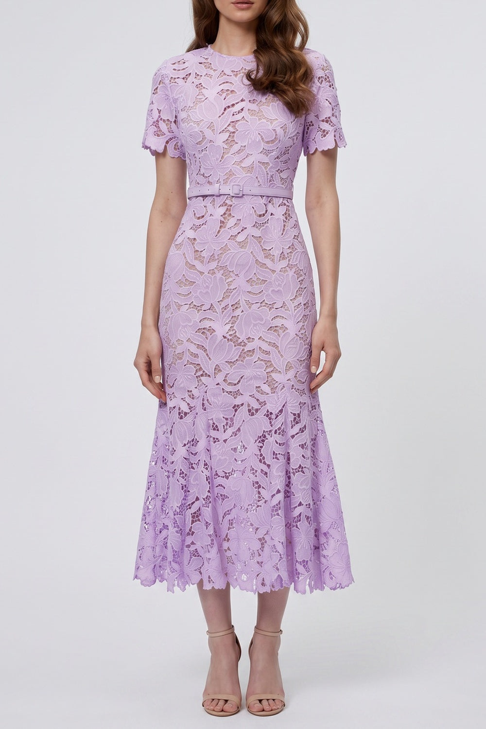 LILAC LACE MIDI DRESS | SHORT SLEEVE FLORAL WEDDING GUEST
