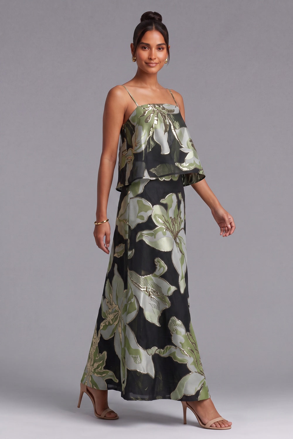 BLACK METALLIC JACQUARD TRAPEZE CROP TOP & MAXI SKIRT SET