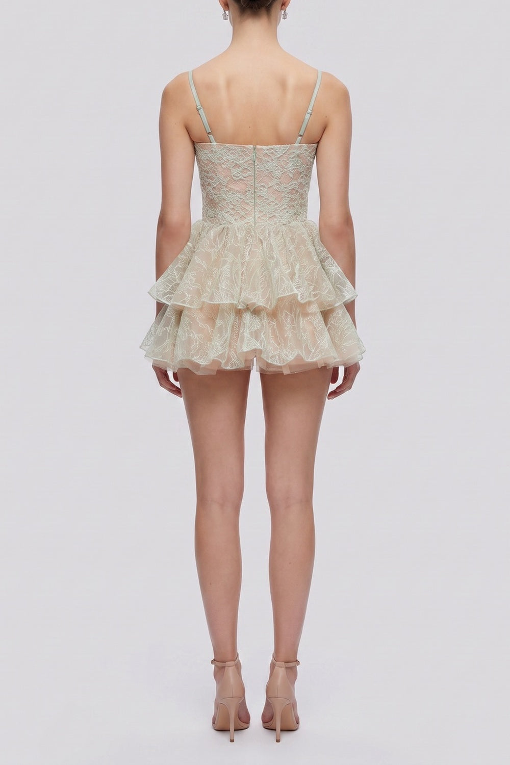 ecd363ccf2c1a0f7 SPAGHETTI STRAP FLORAL LACE TIERED MINI DRESS