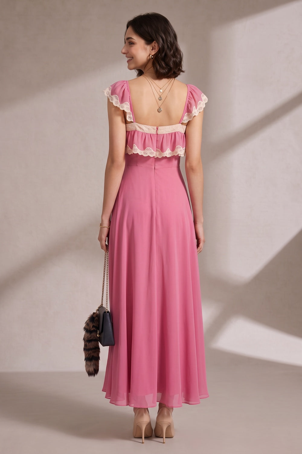 ece378bb68db85c2 PINK LACE RUFFLE MAXI DRESS FOR WEDDING GUEST