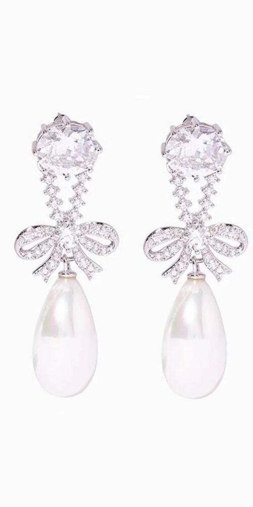 CZ BOW PEARL TEARDROP LONG DROP SILVER EARRINGS