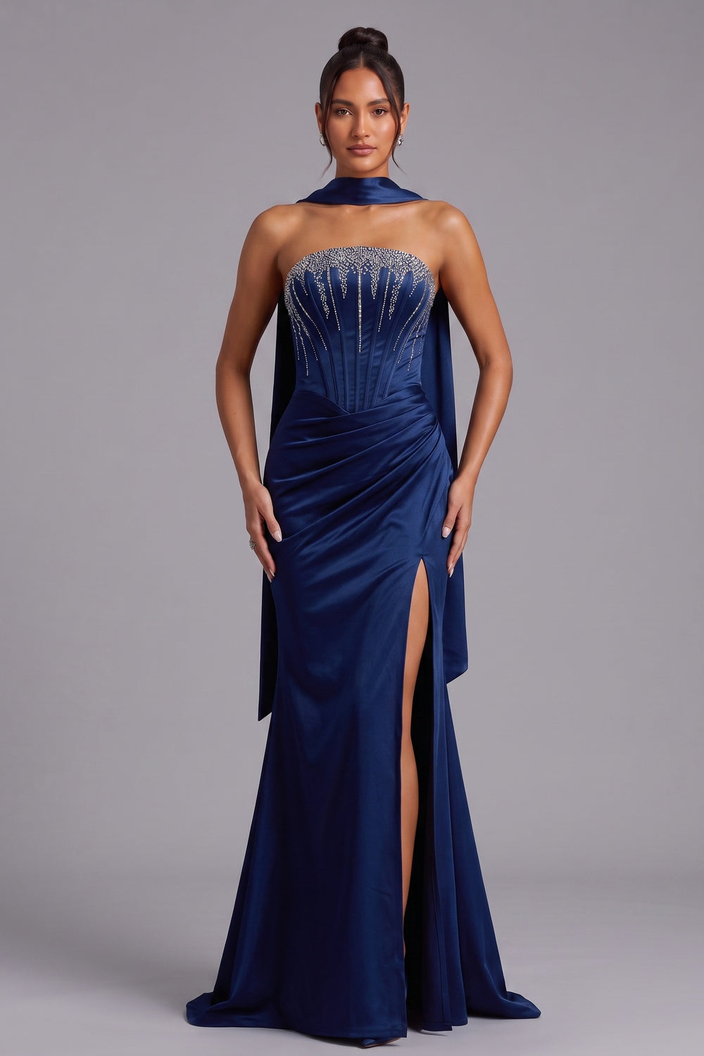 ed661e482389af33 DEEP BLUE STRAPLESS RHINESTONE CAPE EVENING GOWN