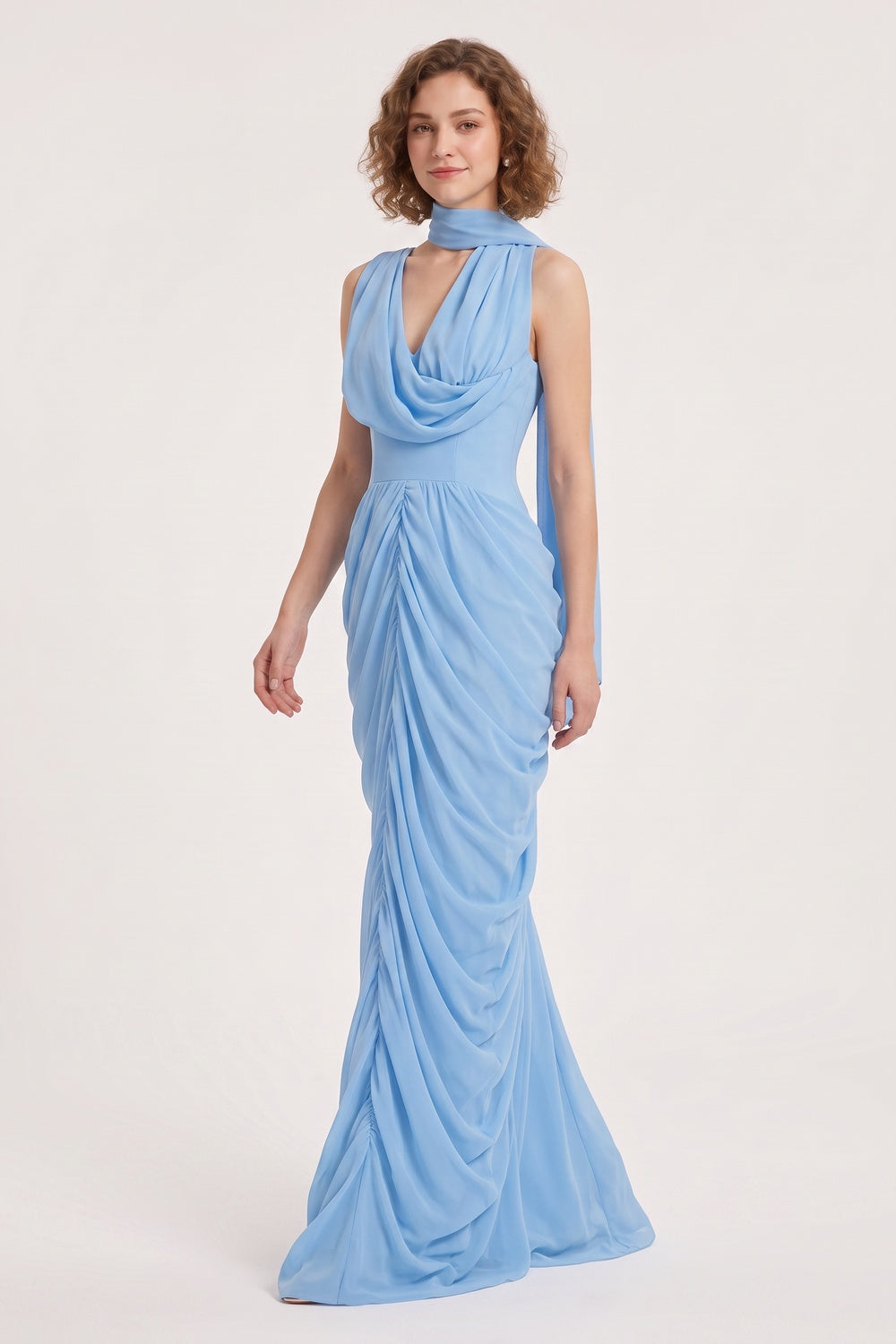 LIGHT BLUE COWL NECK RUCHED MAXI GOWN