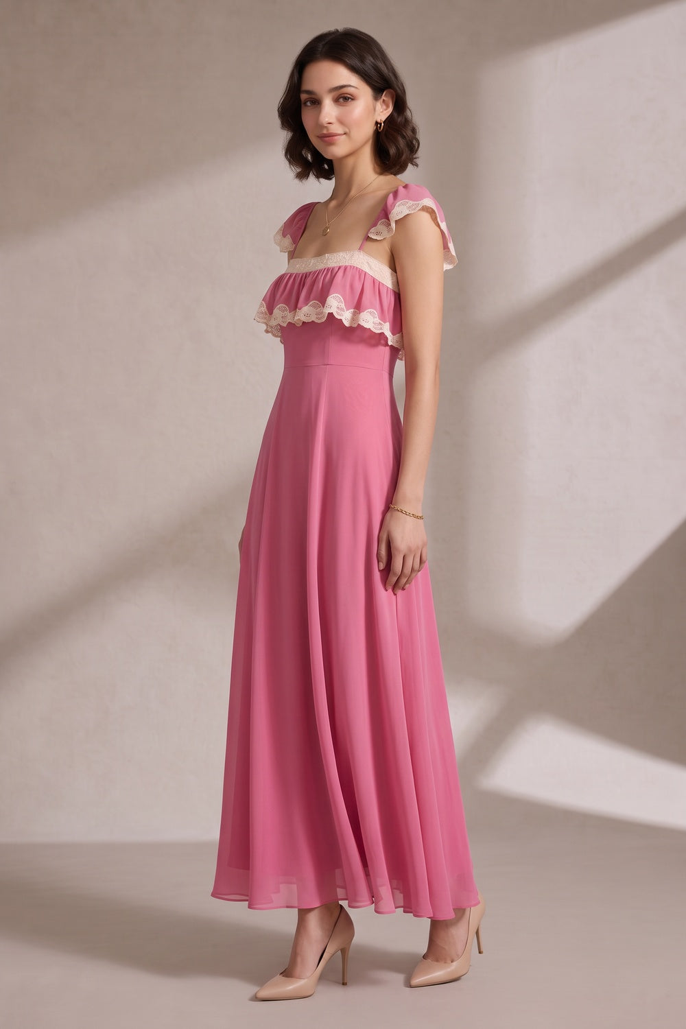 edf1f151f7dc2be0 PINK LACE RUFFLE MAXI DRESS FOR WEDDING GUEST
