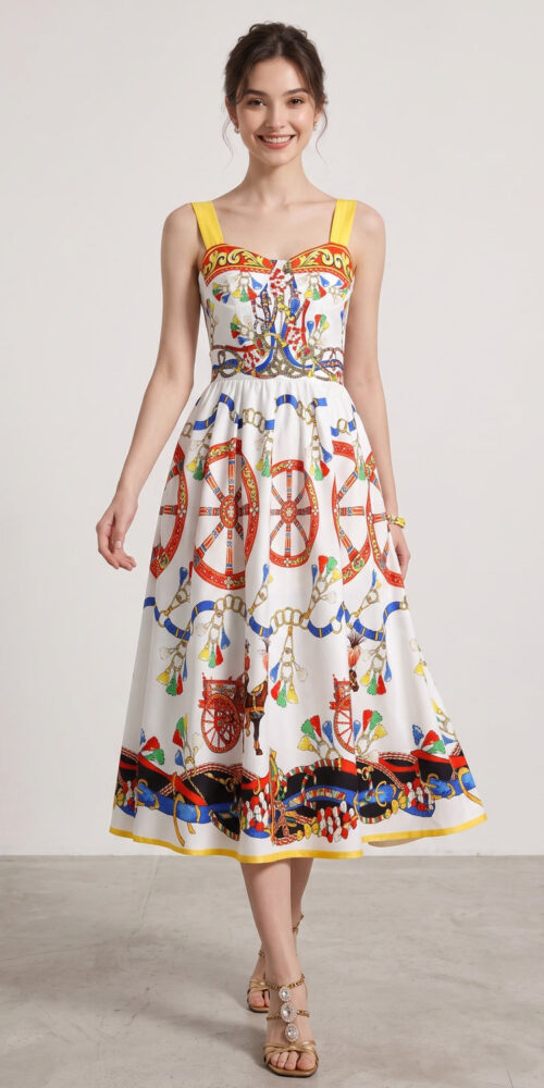 ee35a6752df2fed5 WHITE CARRETTO PRINT FIT-AND-FLARE MIDI DRESS