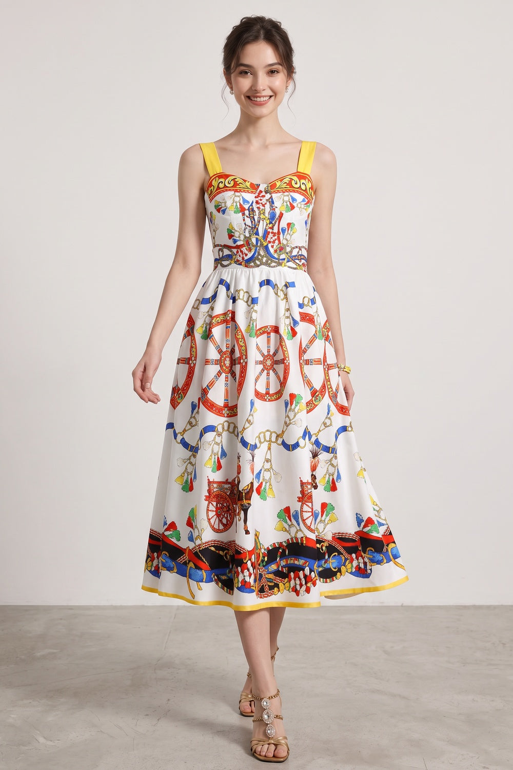 ee35a6752df2fed5 WHITE CARRETTO PRINT FIT-AND-FLARE MIDI DRESS