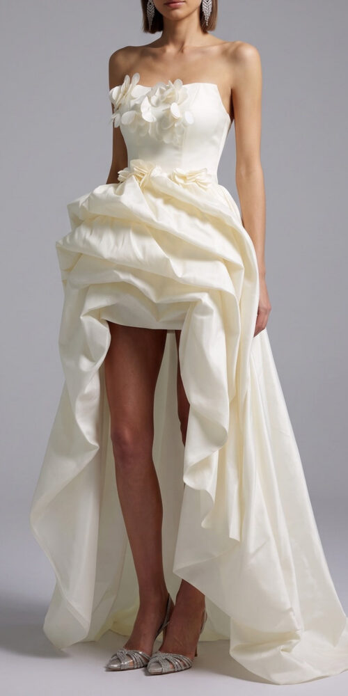 ee47e144b8e081d6 STRAPLESS 3D FLOWER HIGH-LOW SATIN PROM GOWN