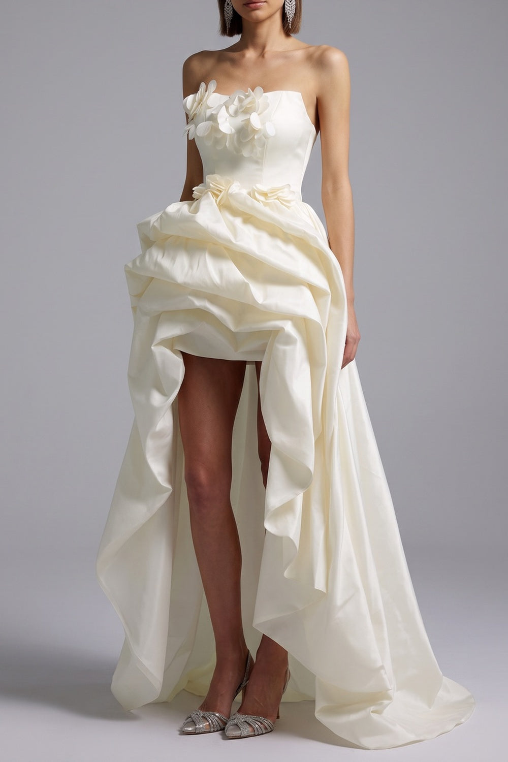 STRAPLESS 3D FLOWER HIGH-LOW SATIN PROM GOWN