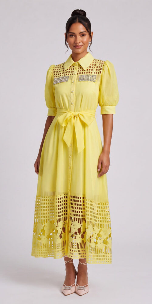ee8038606ce46e76 YELLOW CUTOUT MIDI DRESS WITH CRYSTALS FOR PARTY