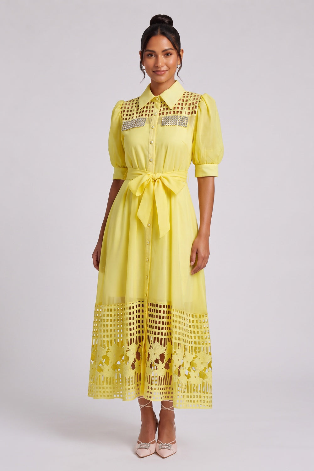 YELLOW CUTOUT MIDI DRESS WITH CRYSTALS FOR PARTY