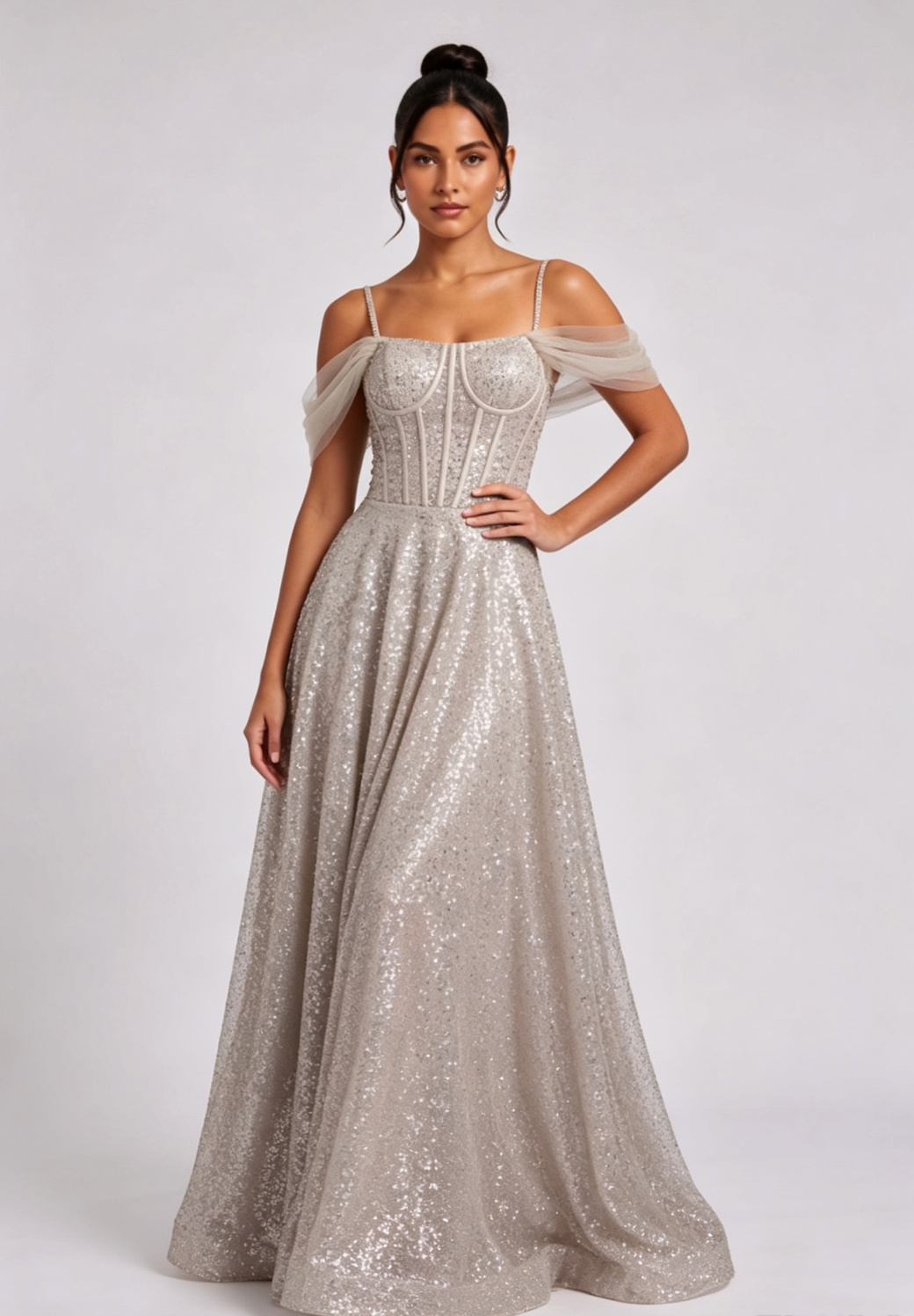 ee96a35631d30d75618632594e6f16ac CHAMPAGNE SEQUIN TULLE A-LINE EVENING GOWN
