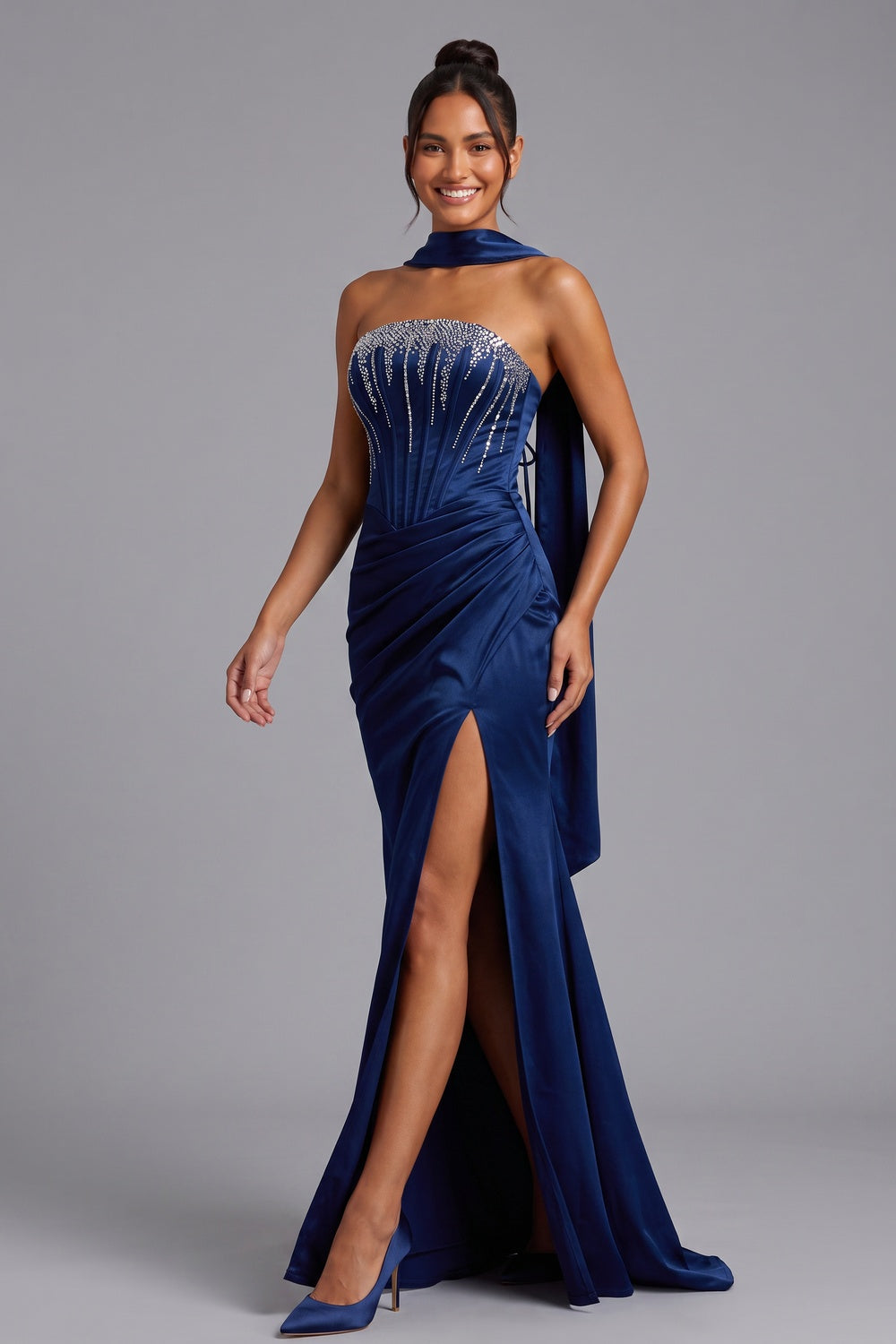 ee9cbd0c30cddede DEEP BLUE STRAPLESS RHINESTONE CAPE EVENING GOWN