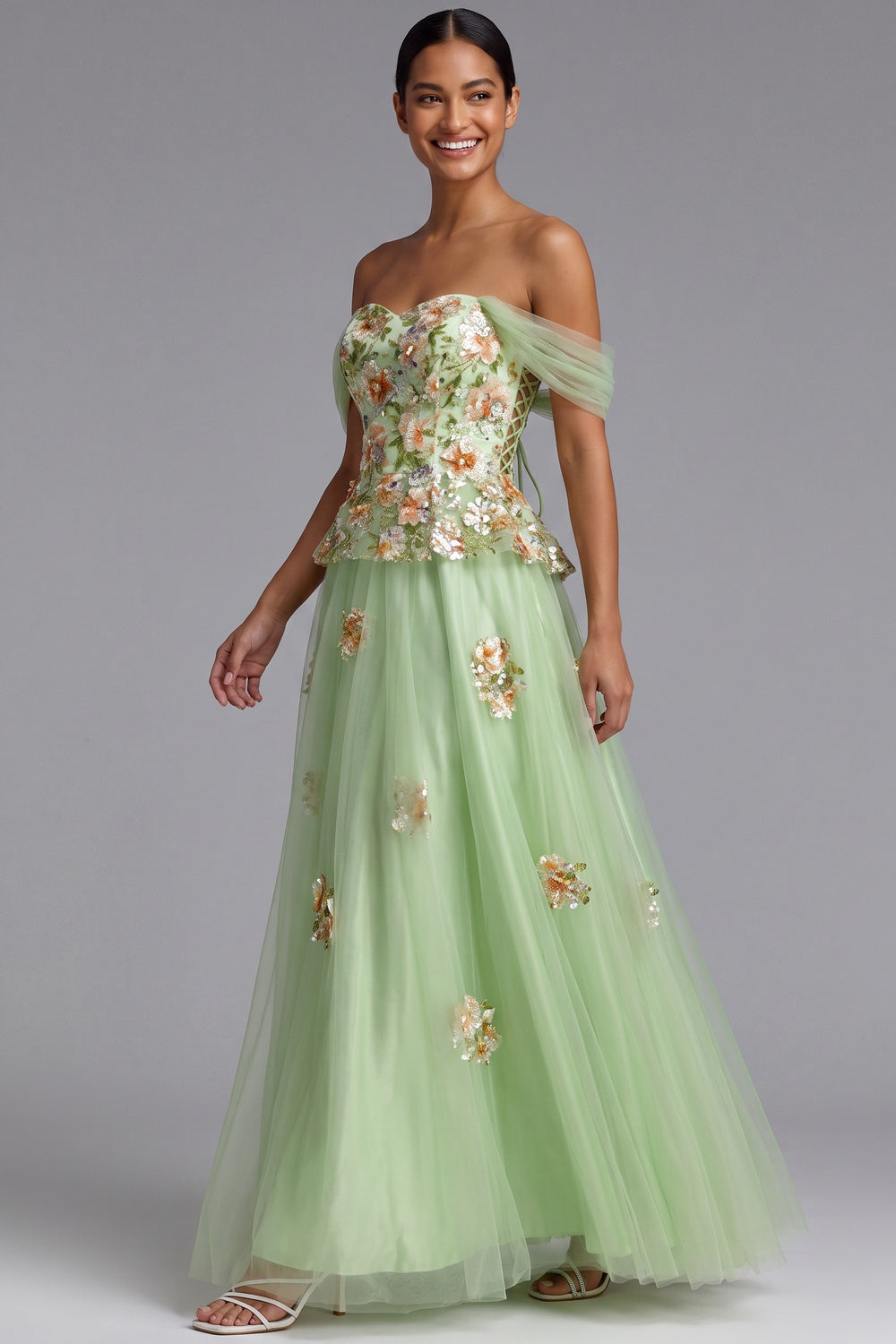 eecf245c92b8dcad LIGHT GREEN OFF-SHOULDER FLOOR-LENGTH FLORAL GOWN
